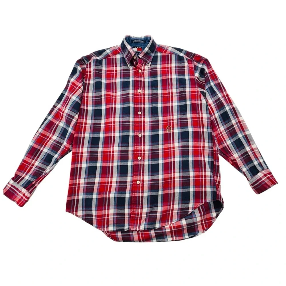 Tommy Hilfiger Navy, Red & White Flannel Checkered Button Down Shirt Size small - Picture 3 of 17